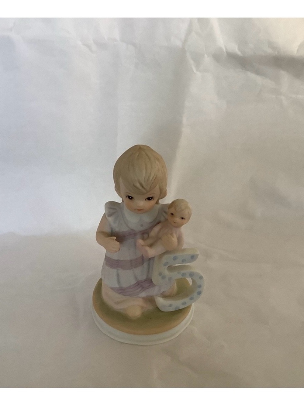 Lefton Porcelain Girl and Baby Figurine with Blue-Accented Number 5